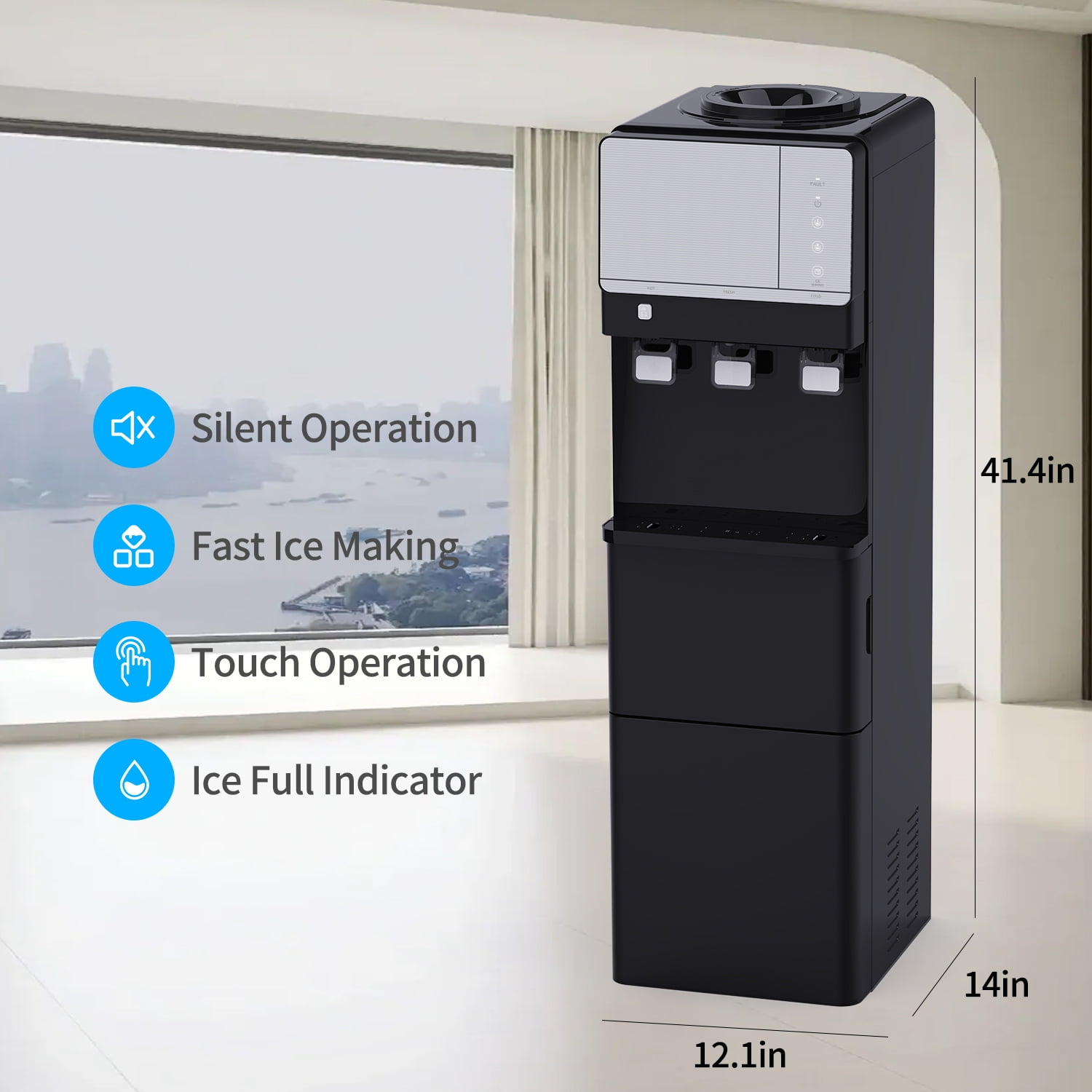 SOOPYK 3 in 1 Water Cooler Dispenser with Ice Maker, Hot Cold Room Temp Water and Bullet Ice, Top Loading 3 - 5 Gallon, 27 Lbs per 24H , Night Light, Black
