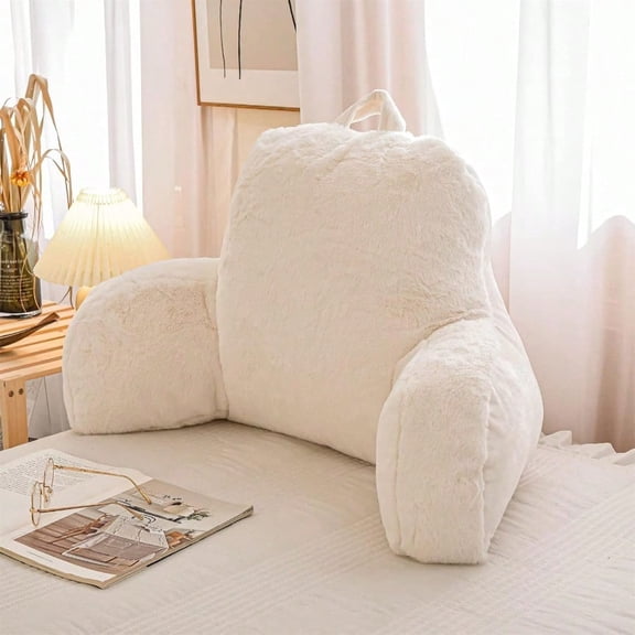 Faux Fur Reading Pillow Bed Wedge Large Adult Backrest With Arms Back Support For Sitting Up In Bed Couch For BedrestIvory Large
