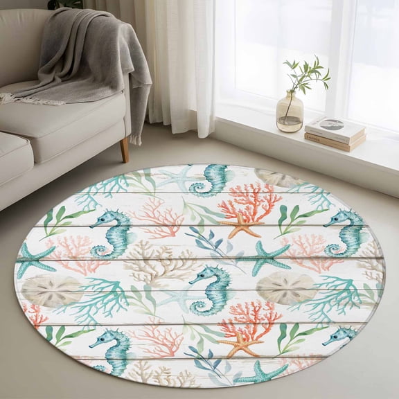 Round Rugs 3.3Ft, Teal Red Seahorse Coastal Round Area Rug Washable Indoor Throw Carpet, Vintage Nautical Beach Coral Starfish Soft Non Slip Circle Rug for Laundry Room Patio Home Decor Aesthetic