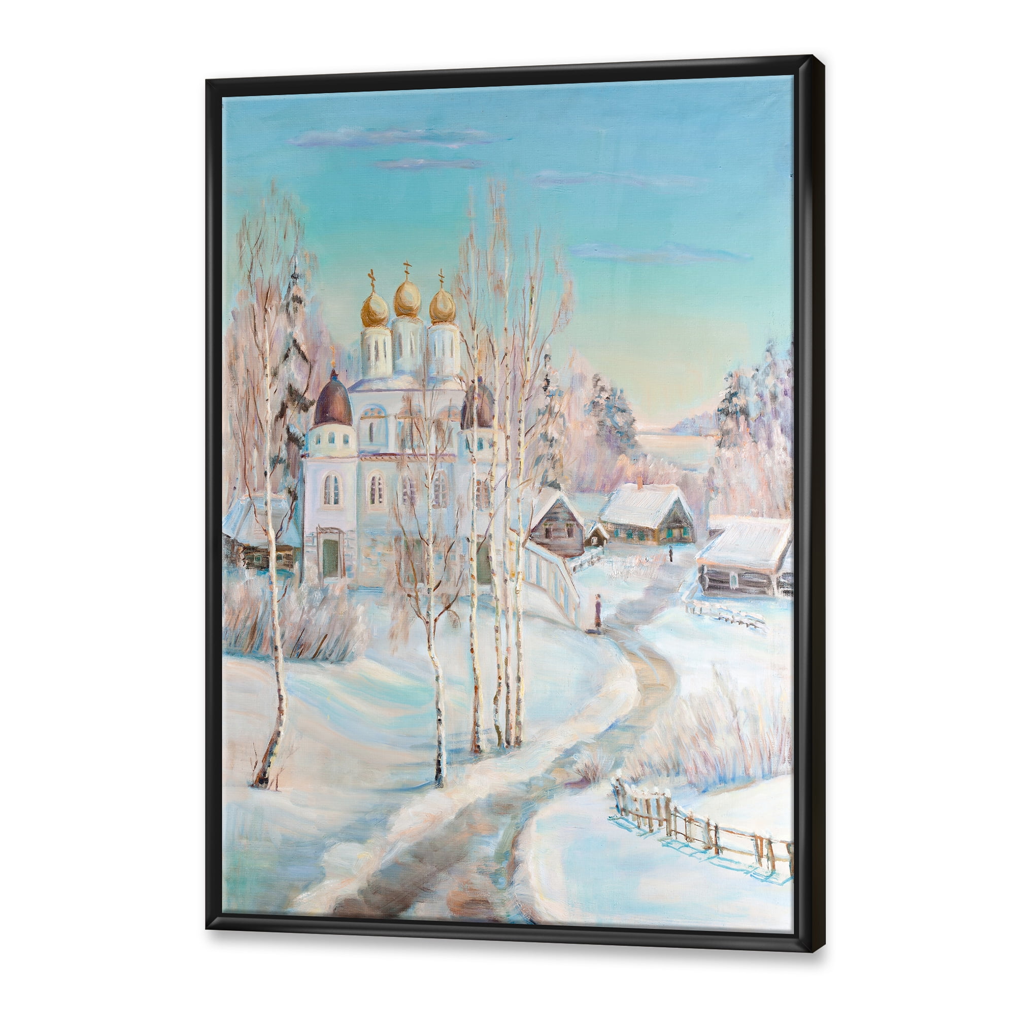 Designart 'Temple Over Country Road In Winter Landscape' Traditional Framed Canvas Wall Art Print