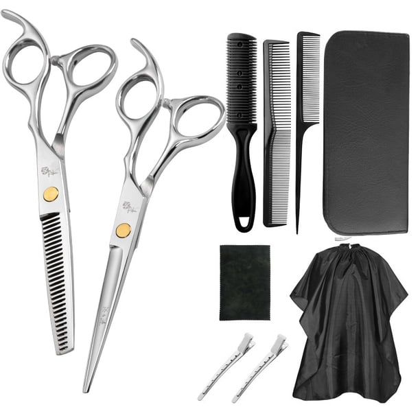 Juego de 11 piezas de tijeras de peluquería para el hogar, color negro, tijeras de dientes planos, tijeras para el cabello