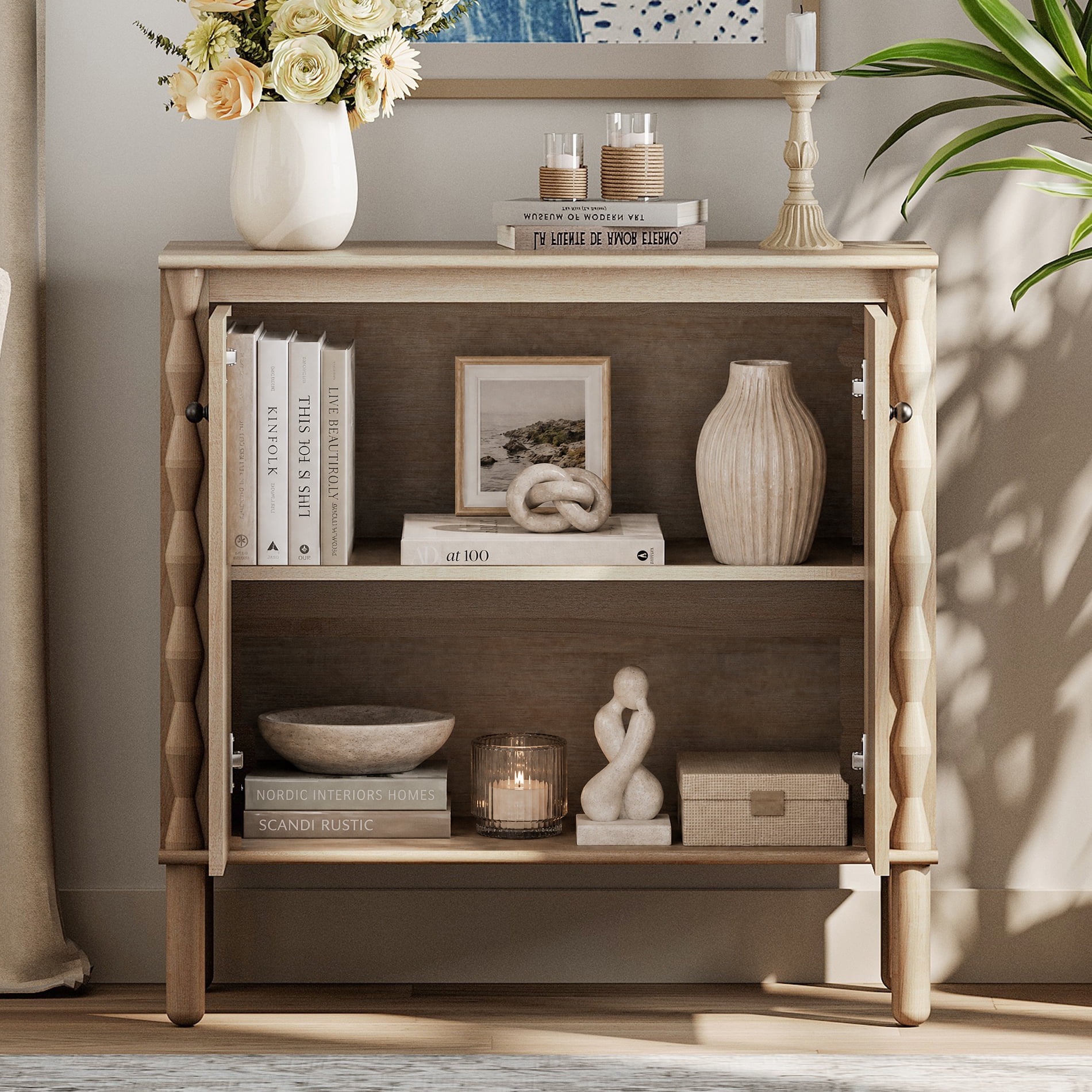 WAMPAT Modern TV Stand Console Table with Adjustable Shelf & Soft-Close Doors，Natural