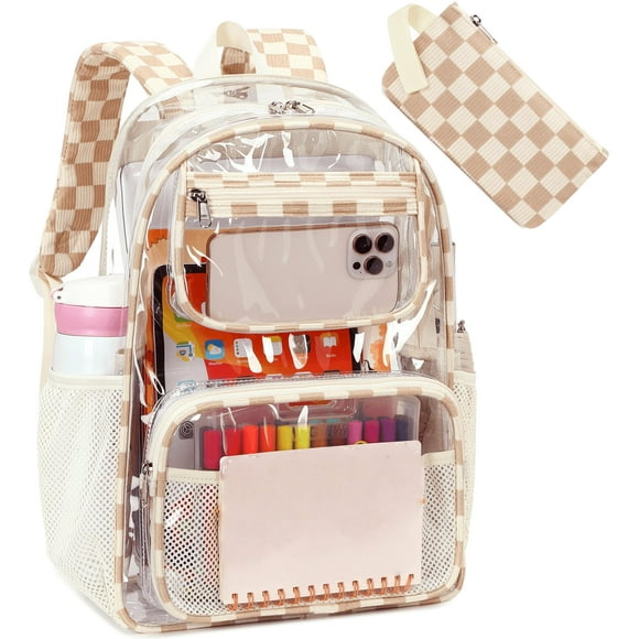 Mochila Bluboon Transparente Marrón Blanca a Cuadros PVC 45x31x13 cm