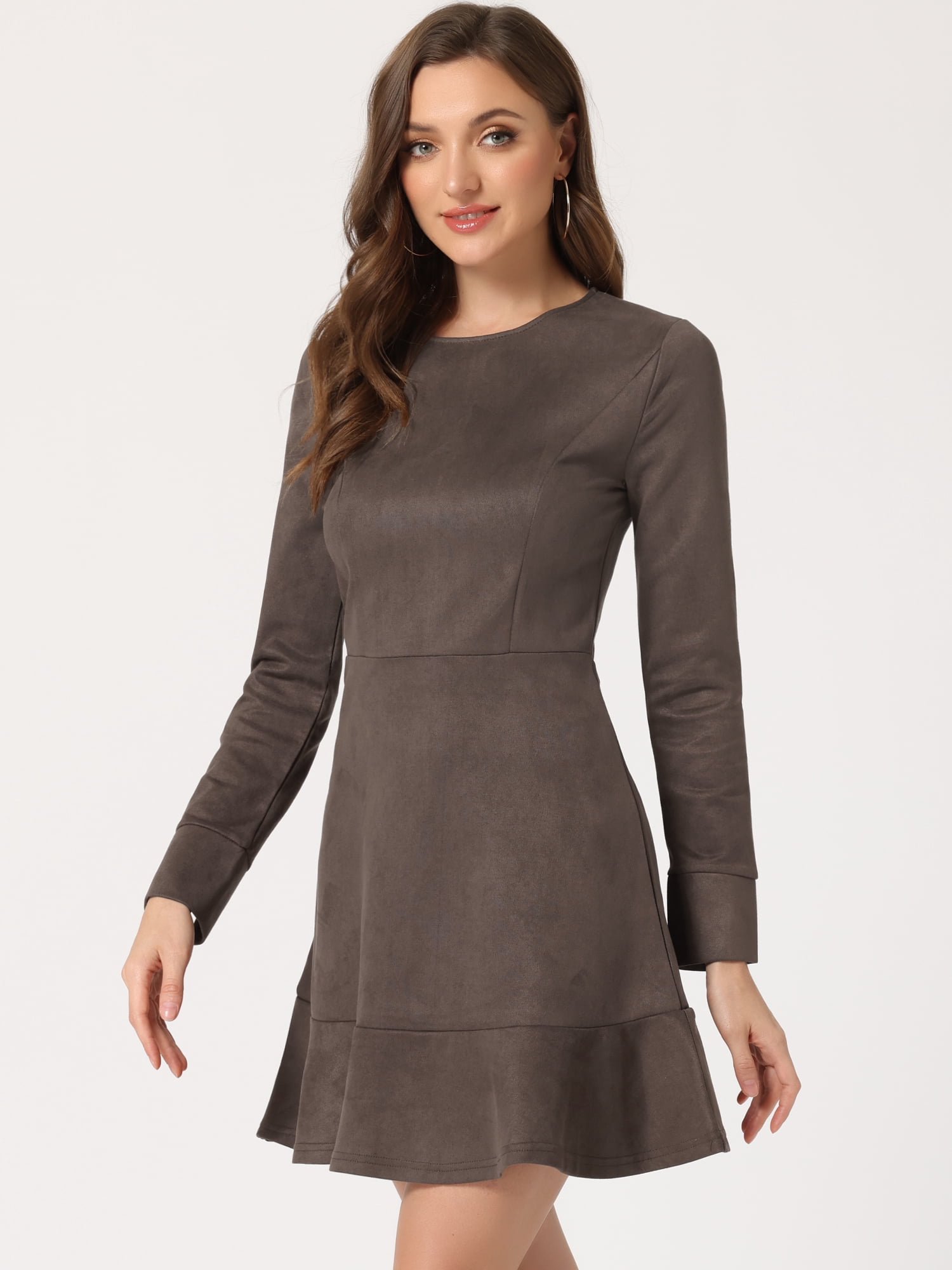 Unique Bargains Women's Faux Suede Ruffle Hem Long Sleeve Mini Dresses XL Dark Brown