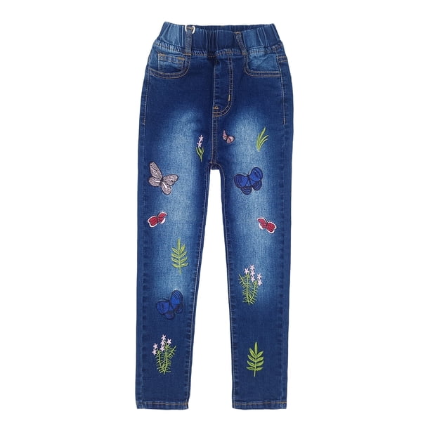 Vaqueros Con Bolsillos Verticales y Botones de Colores con Cintura Elástica y Volantes Para Niñas,KIDSCOOL SPACE,6-7 Años
