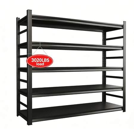 Black 48"W Garage Shelving, 5 Tier Adjustable Heavy Duty Metal Shelves 3020LBS Capacity with Fenced, 24"D x 72"H Steel Rack for Basement Pantry Office Outdoor