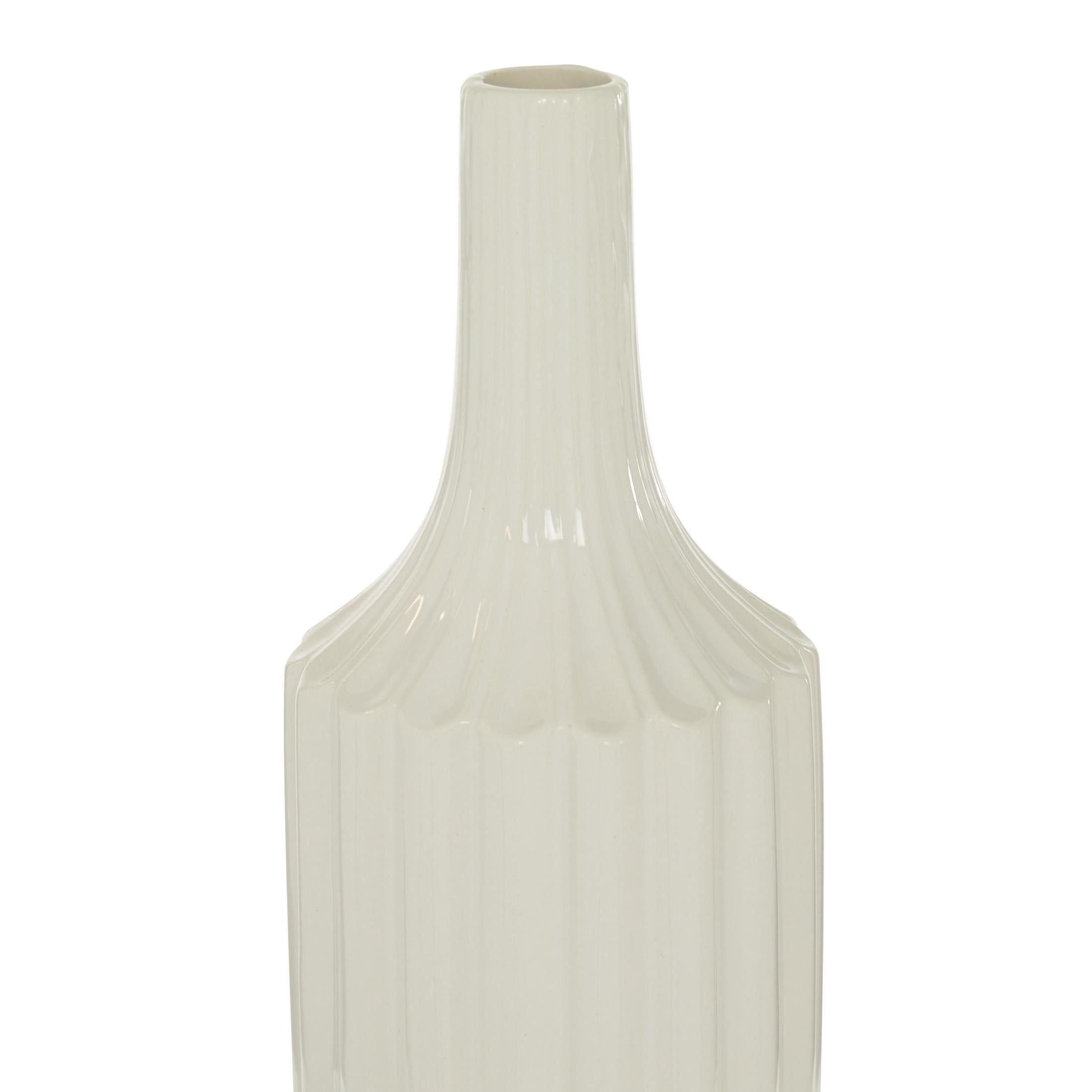 DecMode Modern Ceramic Tall White Decorative Vase with Vertical Groove Pattern 5"W x 19"H