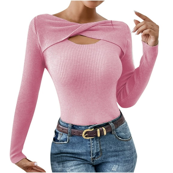 TFEOQRY Pullover Sweater for Women Solid Color Comfortable Knitwear Long Sleeved Round Neck Sweater Top Pink