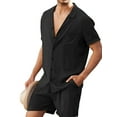 thumbnail image 2 of Orqqct Men Linen 2 Piece Sets Solid Button Up Lapel Neck Shirts With Drawstring Shorts, 2 of 4