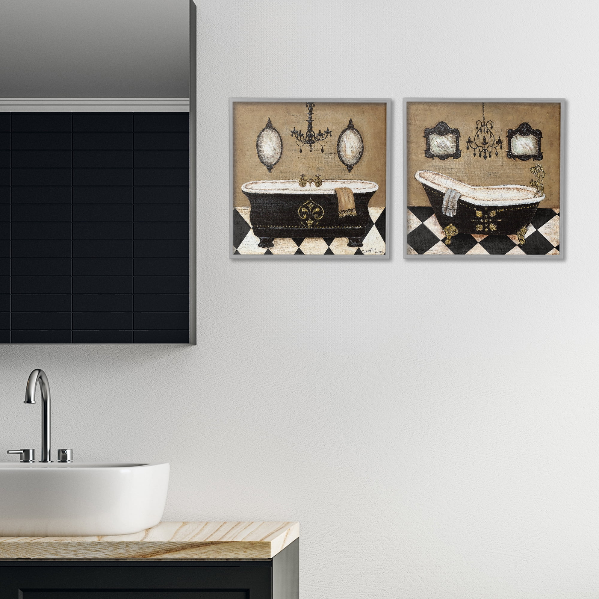 Stupell Industries Elegant Bathroom with Chandeliers 2 Piece Gray Framed Giclee Art Set, design by Janet Tava