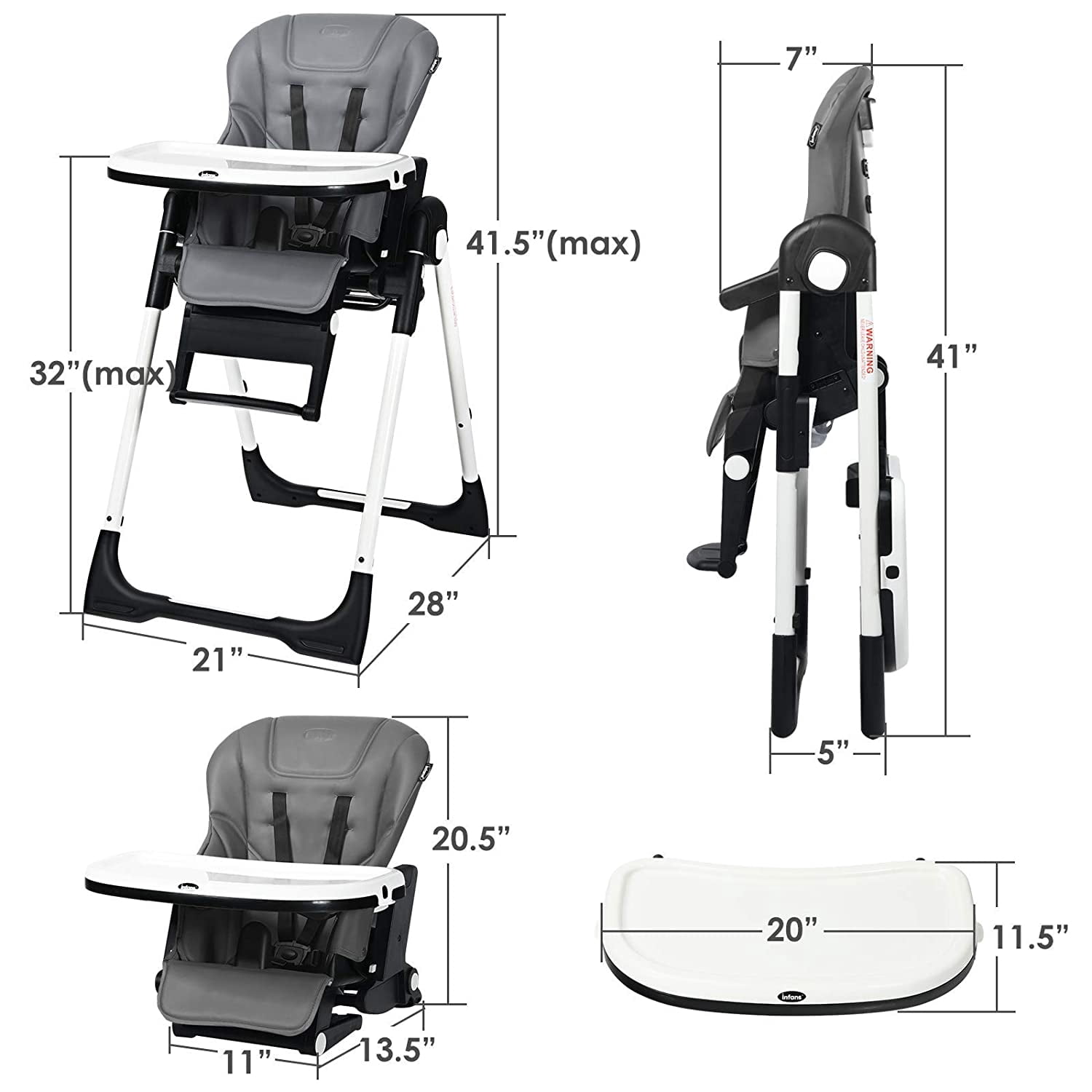 INFANS 4 in 1 High Chair–Booster Seat, Convertible Highchair w/Adjustable Height, Removable Tray, Detachable Cushion, Installation-Free, Simple Fold for Baby, Infant & Toddler, Gray