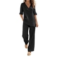 thumbnail image 3 of Taqqpue Two Piece Sets for Women Summer Travel Vacation Airport Outfits Linen Business Casual 2 Piece Sets Outfits Short Sleeve Flowy Top and Straight Wide Pants Oversized Loungewear Sets for Women, 3 of 8