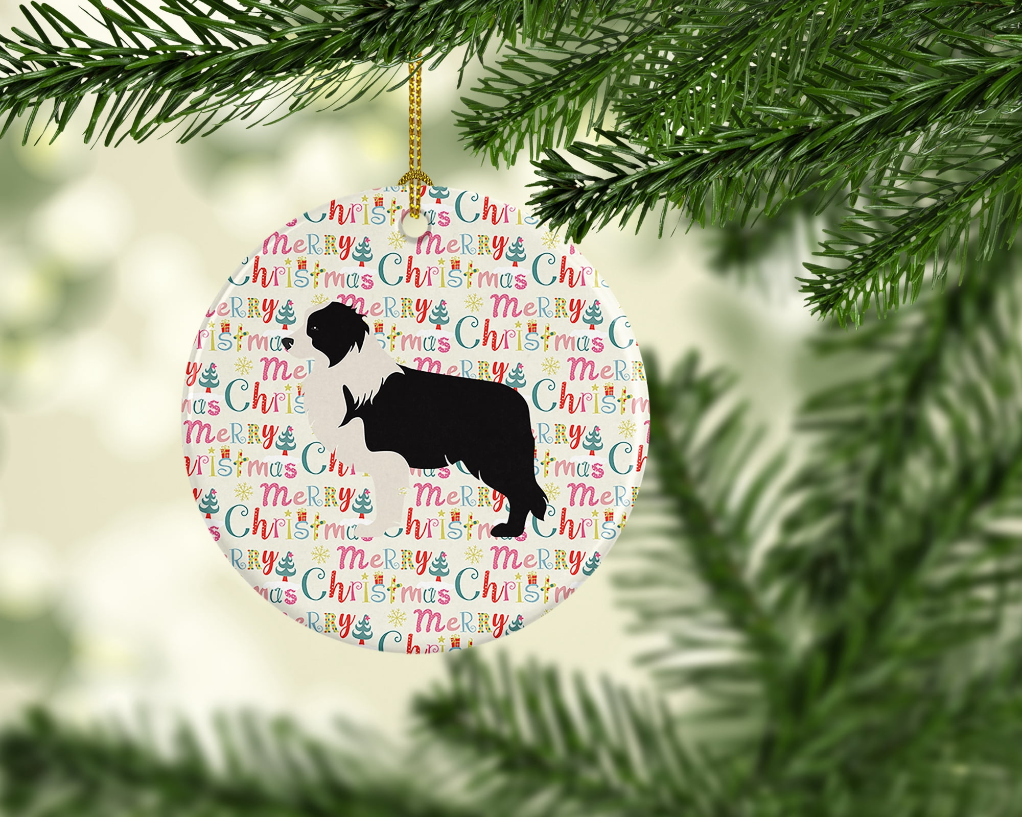 Black Border Collie Merry Christmas Ceramic Ornament 2.8 in x 2.8 in
