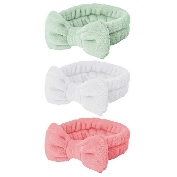 Diadema de spa - 3 piezas Diademas con lazo para niñas y mujeres Diadema elástica suave y encantadora con juego de brochas de maquillaje, envolturas para el cabello Bandas de maquillaje Diadema de