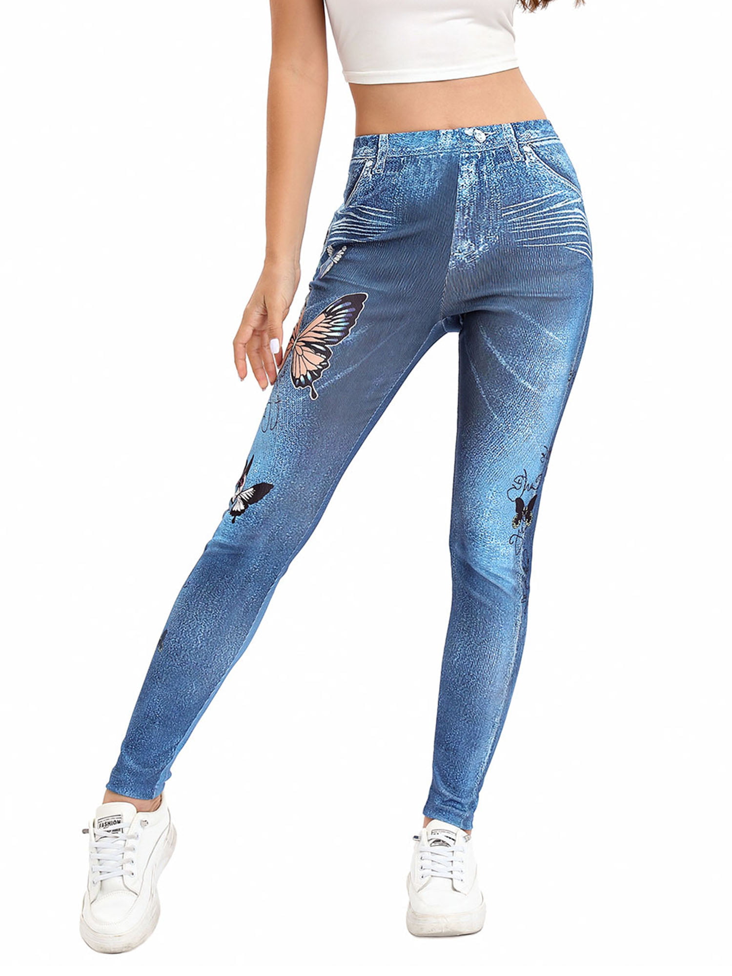Frontwalk Jean Leggings for Women Printed Denim High Waisted Yoga Pants  Stretch Jean Look Jeggings Tights Blue-D S 