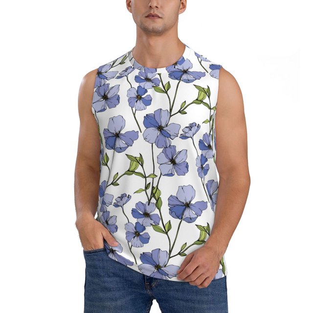 Fotbe Blue Flax Flowers Men's Camiseta sin Mangas Estampada para Hombres, Playera Casual para Gimnasio, Entrenamiento, Playa-Small