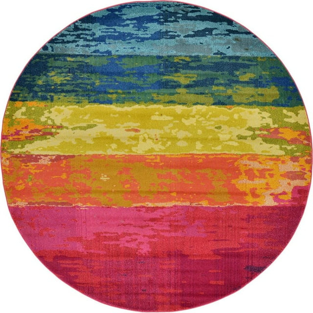 Unique Loom Estrella Striped Distressed Rug 8' x 8' Round Multi/Yellow