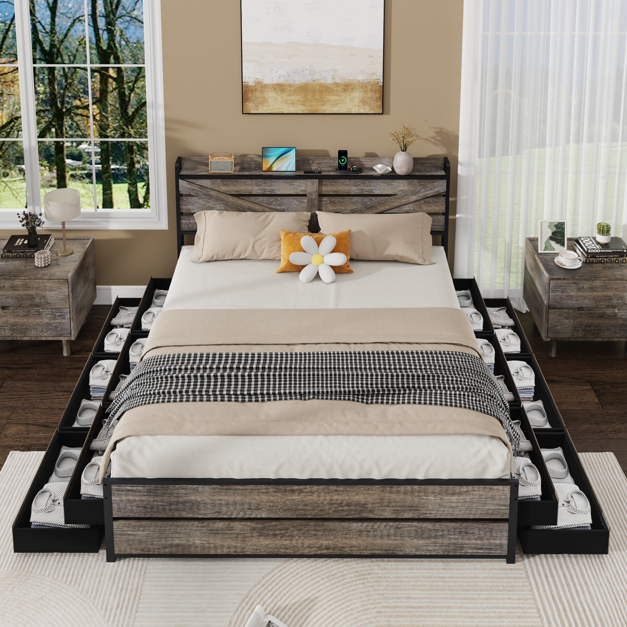Yoneston Queen Bed Frame with Charging Storage Headboard and 12 Drawers, Farmhouse Metal Platform Bed No Box Spring Required, Brown