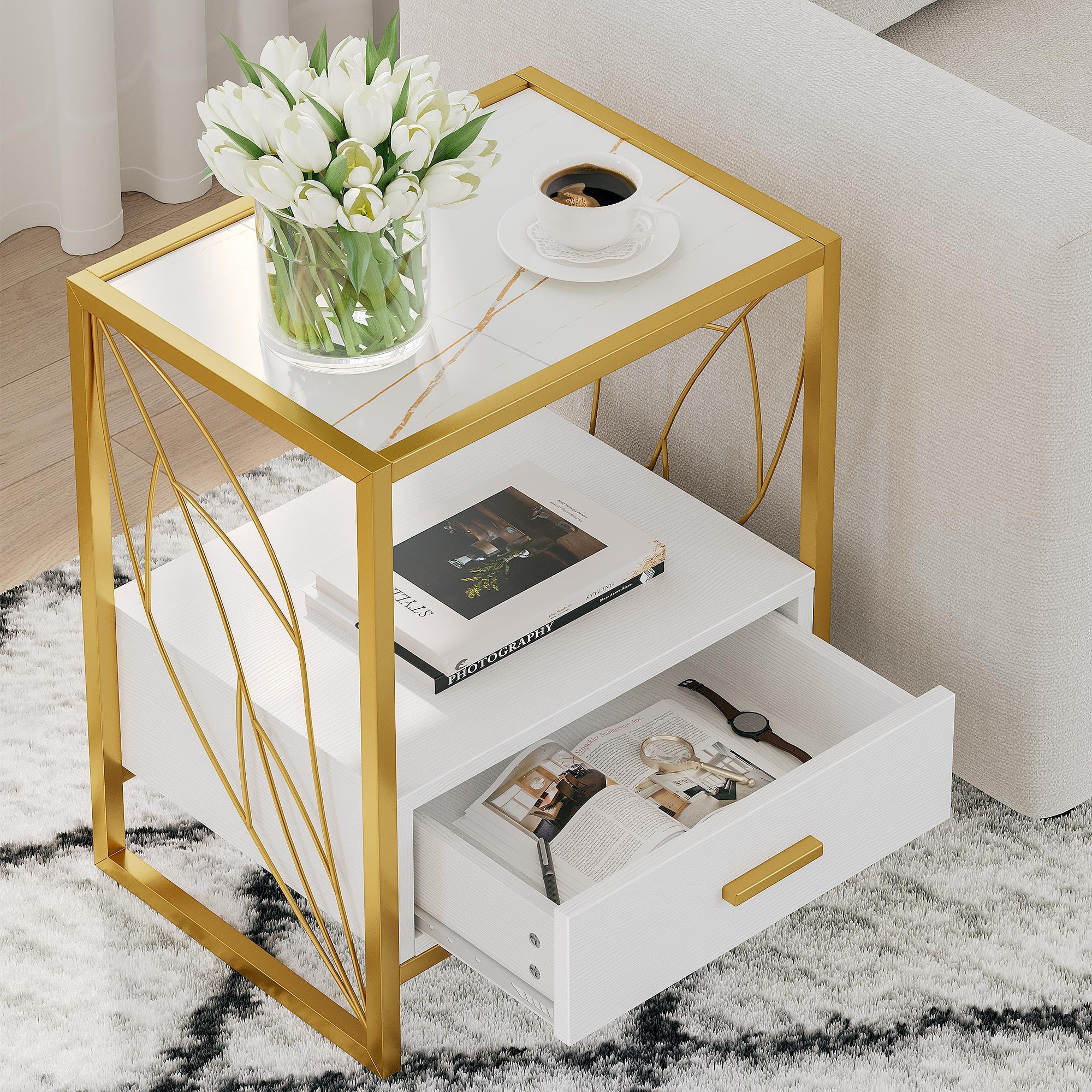 Dextrus End Table with Drawer and Storage Shelf, Modern Nightstand Table Sofa Side Table with Sintered Stone Tabletop and Metal Leaf Shaped Frame for Living Room, Bedroom, White and Gold