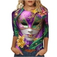 thumbnail image 2 of YOIAVAIOY Women Funny Mardi Gras Shirts 3/4 Sleeve Crew Neck Carnival Print Top Happy Holiday Trendy Outfits Multicolor S, 2 of 5
