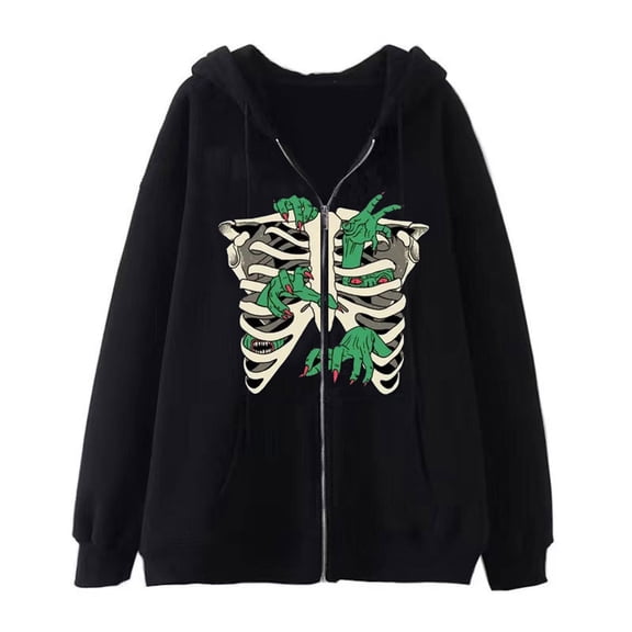 Skull Graphic Hoodie Gothic Style Zip-Up Sweatshirt Unisex Oversized Casual Vintage Pullover