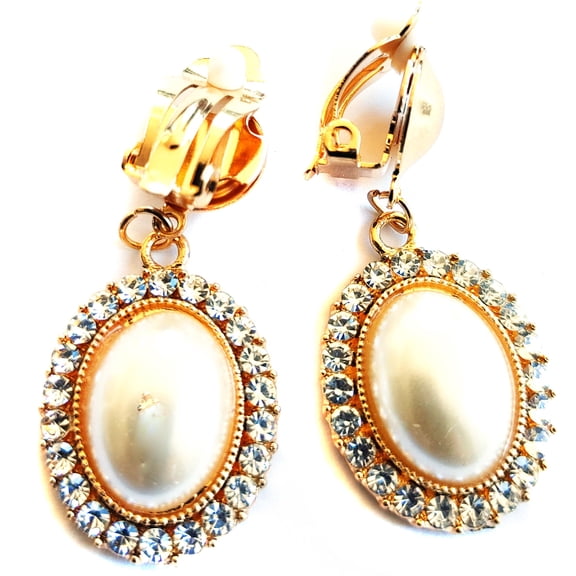 Clip-on Earrings Oval Pearl Crystal Dangle Gold Tone Earrings 1.75 inch Long