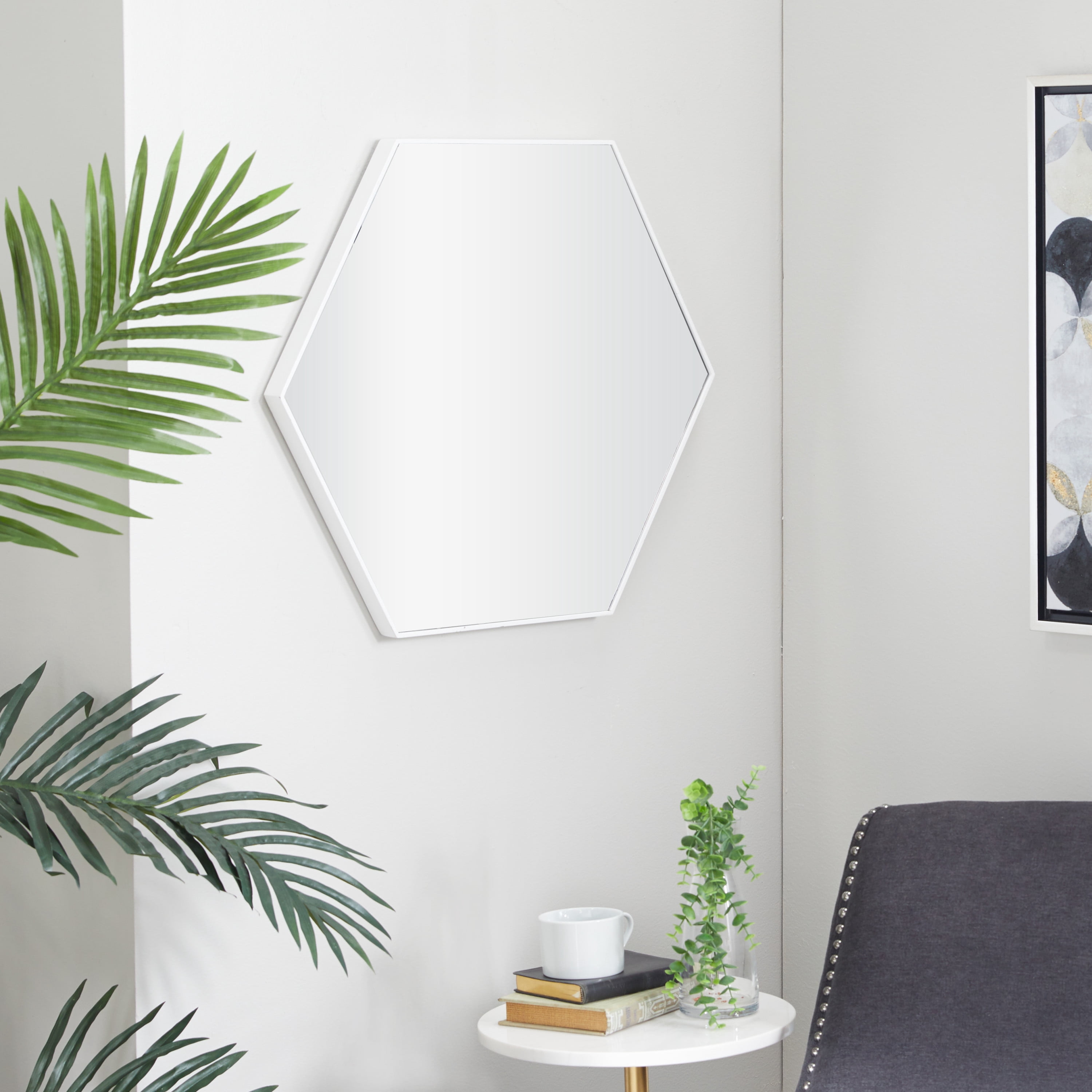 DecMode 24" x 21" White Hexagon Wall Mirror with Thin Minimalistic Frame