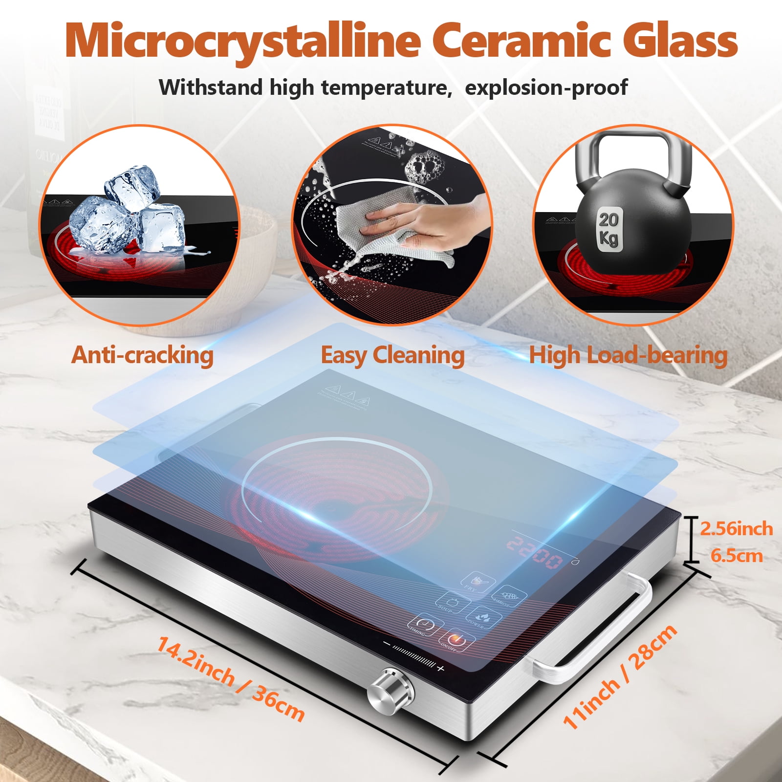 GRACEALL Countertop Infrared Hot Plate Electric Cooktop Portable Cooker for Cooking Single Burner Stove, 2200 Watt Compact Hotplate Adjustable Temperature Control, Sensor Touch & Knob