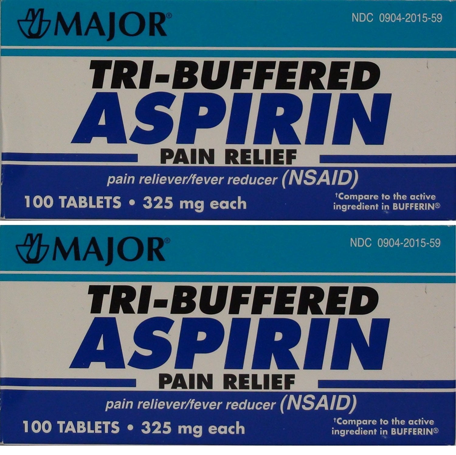 Major TriBuffered Aspirin 325mg 100 Tablets 2 Pk Pain Reliever and Fever Reducer Adults