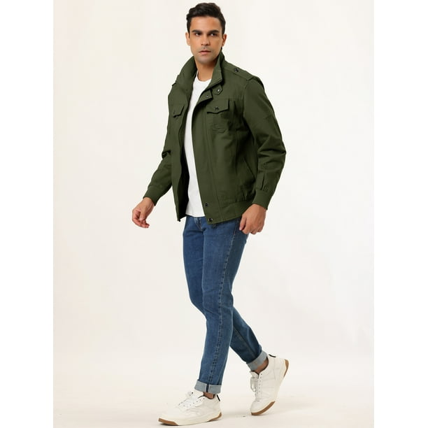 Chaqueta cortavientos para hombre con cuello levantado y cremallera bolsillos multiples chaquetas cargo Verde oliva XL Unique Bargains Chaqueta Walmart en linea
