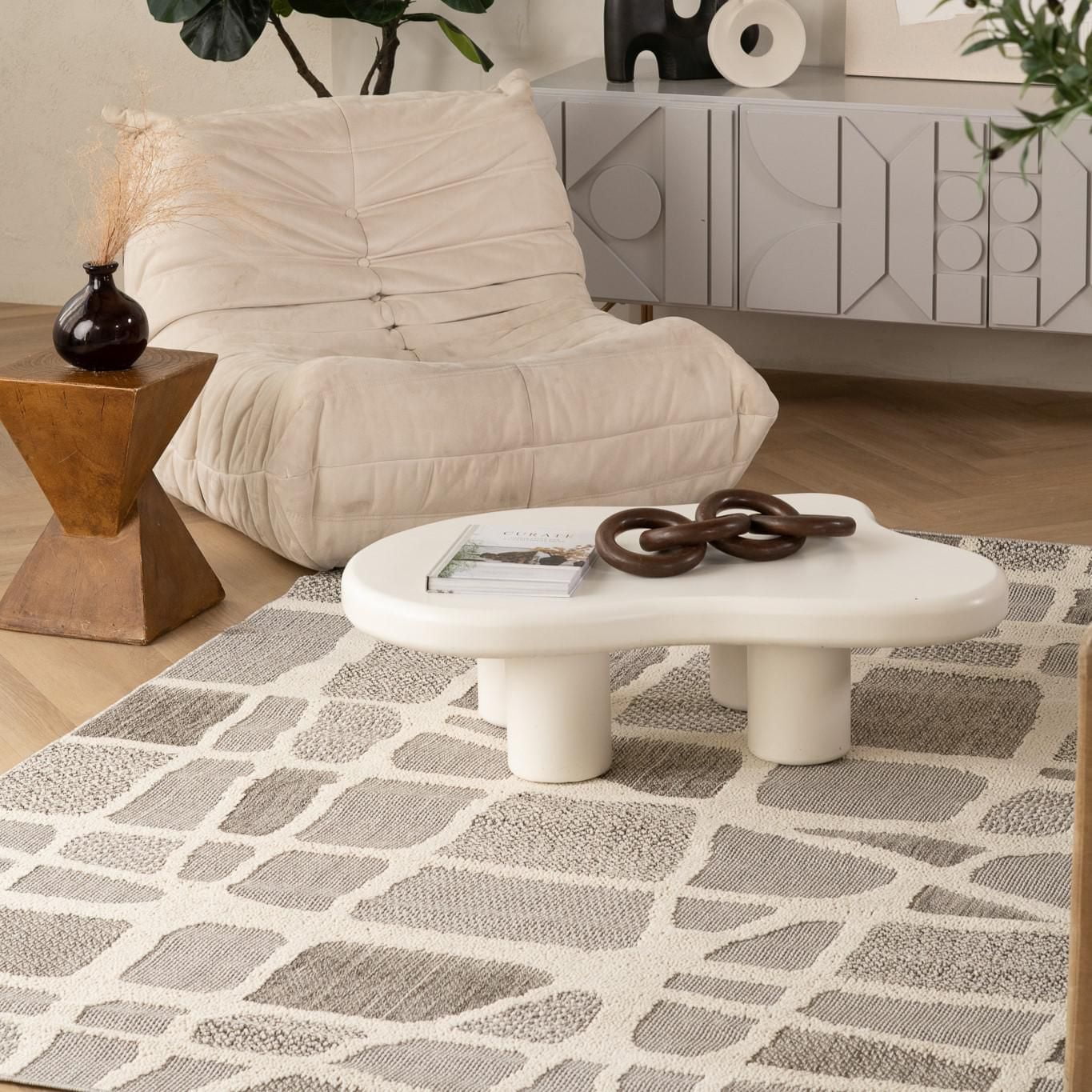 Tapis d'interieur exterieur abstrait Rug Branch Hogar, gris creme, moderne - Salon, chambre, salle a manger et cuisine