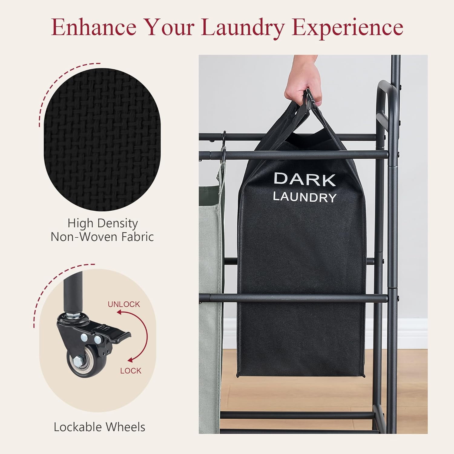 Laundry Sorter Cart with Hanging Clothes Rack, 3 Butler Sorter Basket Organizer, Laundry Hamper Cart with Heavy Duty Rolling Lockable Wheels, 3 Colors