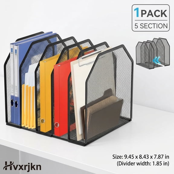 Hvxrjkn Desk File Organizer, Adjustable Metal Mesh Desktop Vertical File Folder Holder Sorter for Office Classroom Home, 5-Compartment