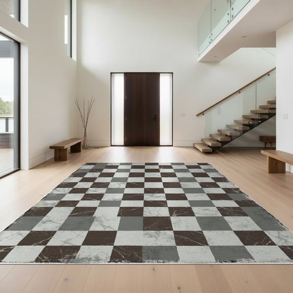 Design&I 8'x10' Washable Area Rug Modern Abstract Marble Checkered Vintage Distressed Mottled Design for Dining Room, Large Office, Lounge, Snag-Free