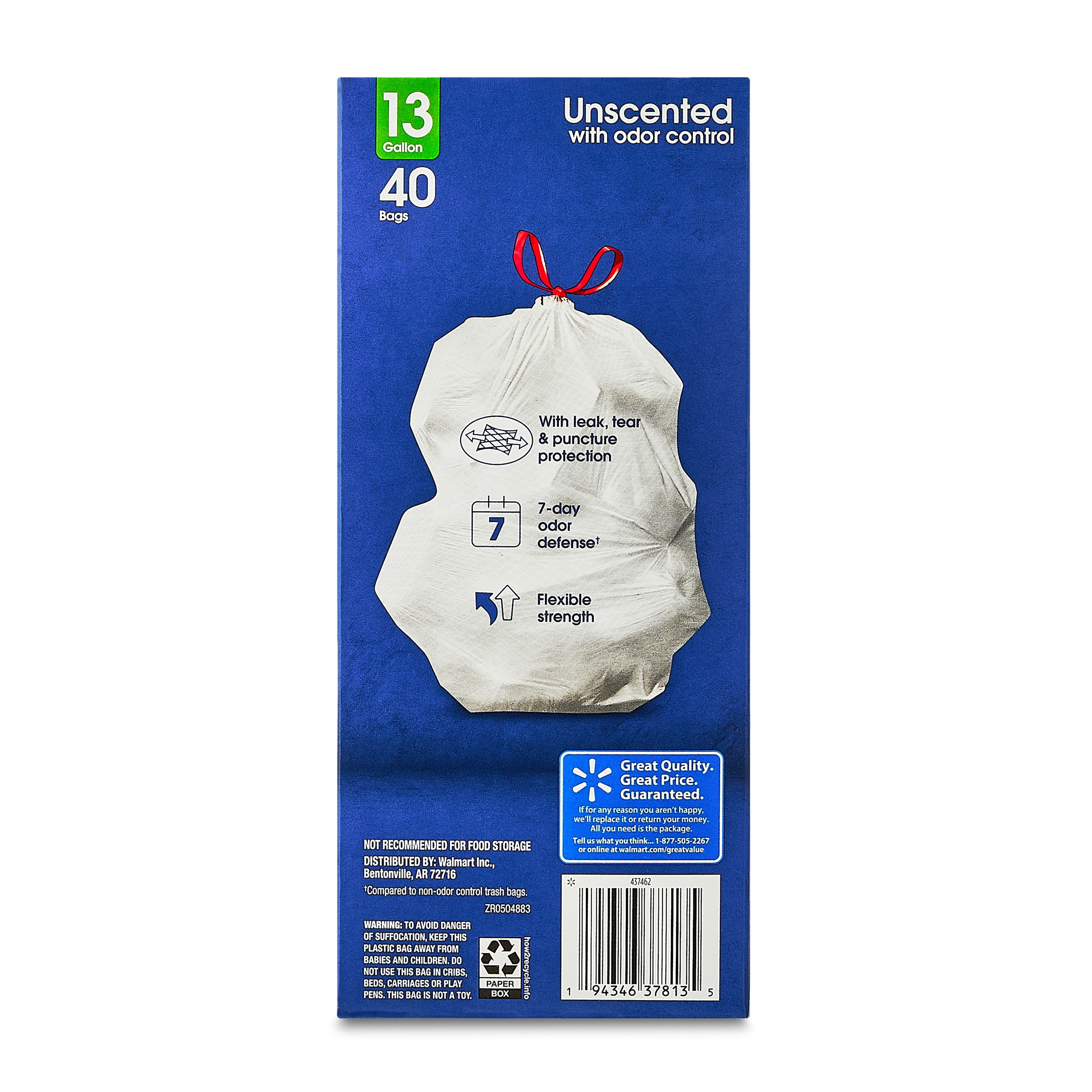 (6 pack) Great Value Strong Flex Tall Kitchen Drawstring Bags, 13 Gallon, Unscented, 40 Count