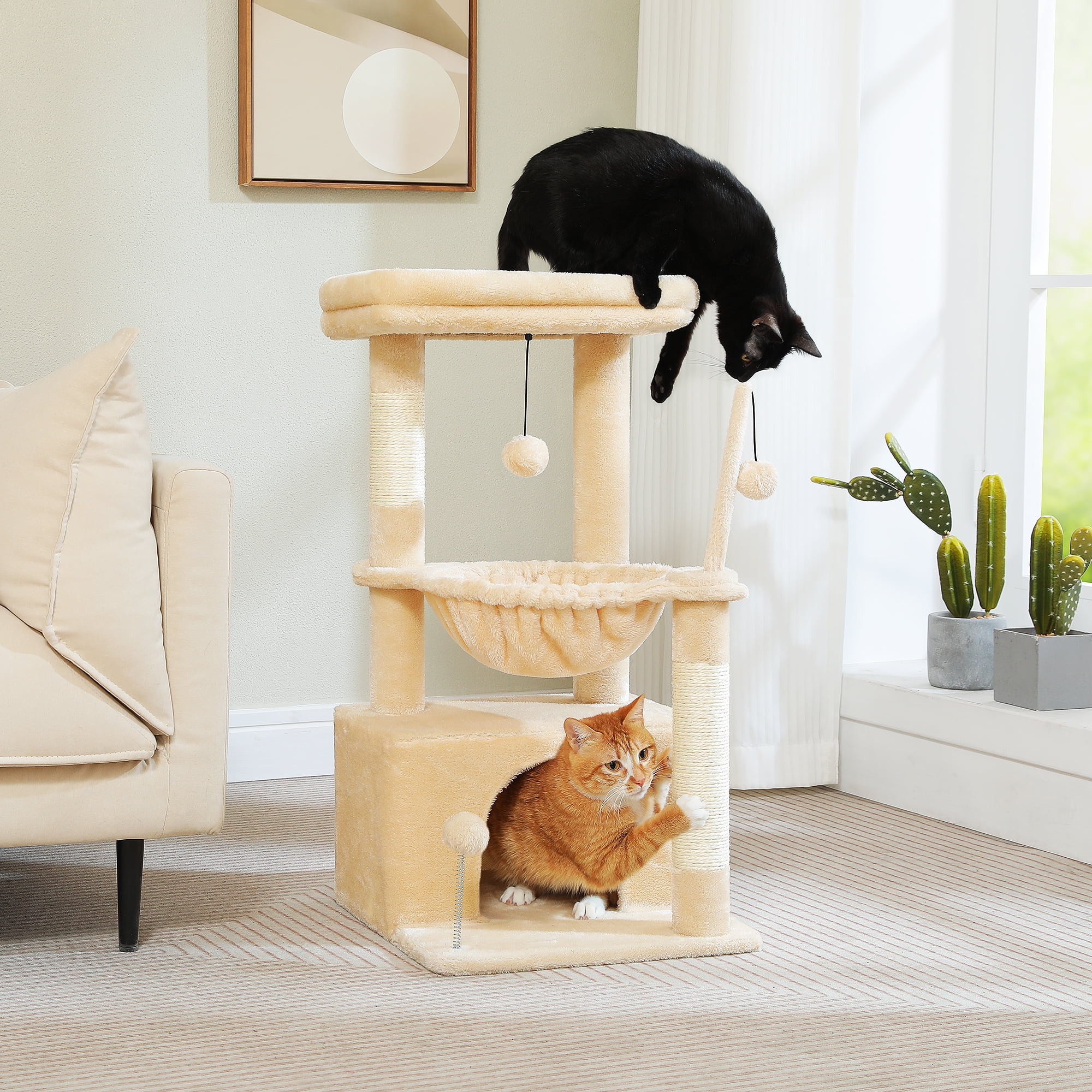 PAWZ Road Cat Tree 33" Cat Scratching Posts Tower with Large Top Perch and Hammock for Medium Indoor Cats, Beige