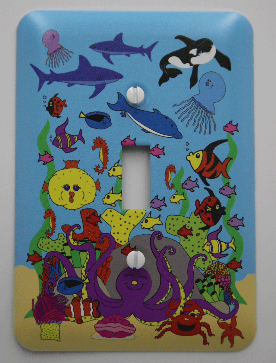 Nursery Decor Kids Bedroom Whales Lighting Wall Art Baby Shower Gift Switch Plate Under the Sea Fabric Covered Single Light Switch cover Home Decor 