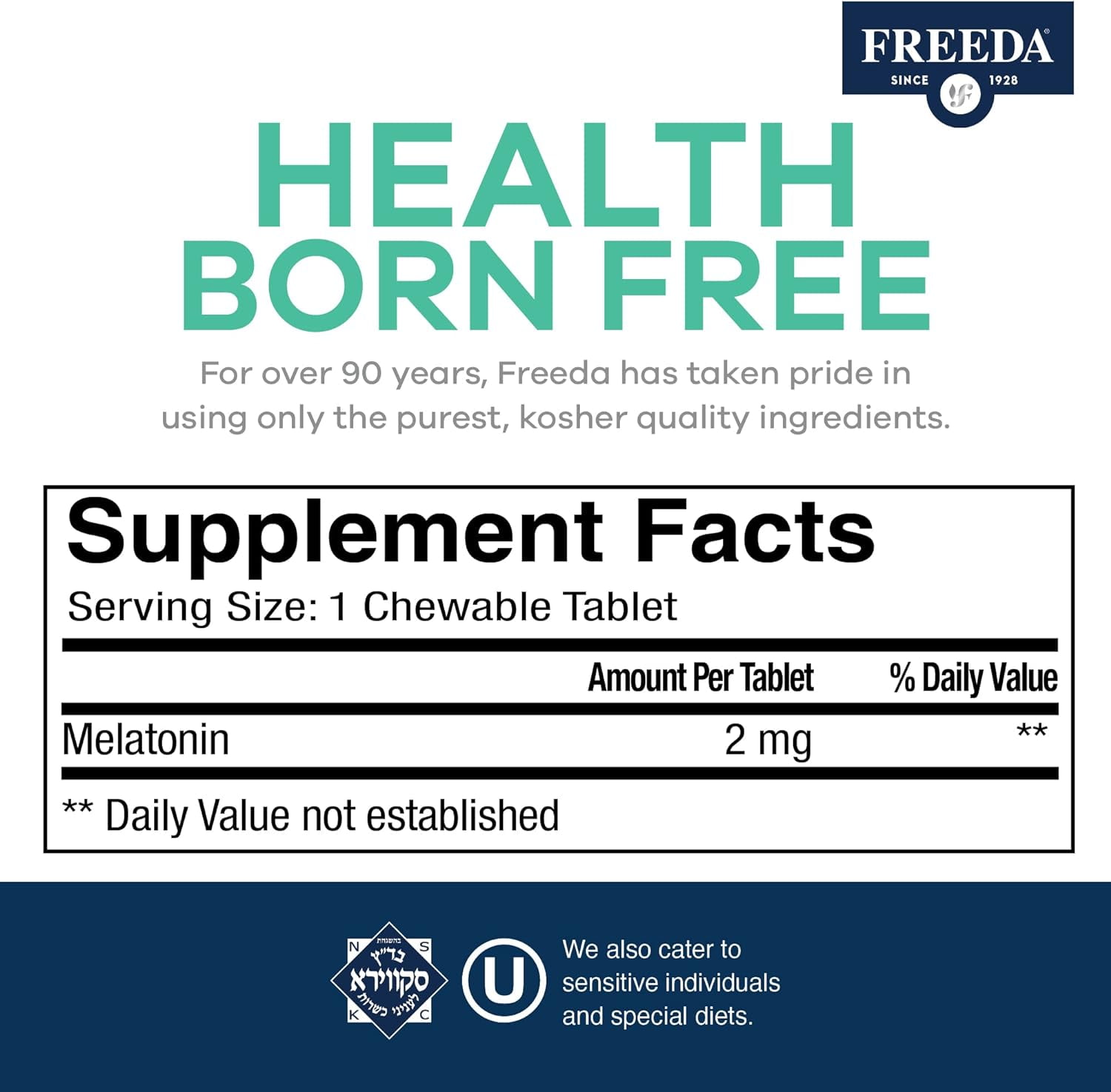 Freeda 2mg Melatonin Chewables Natural Sleep Aid Vegan Supplement Tablets for Kids and Adults, 240 Count