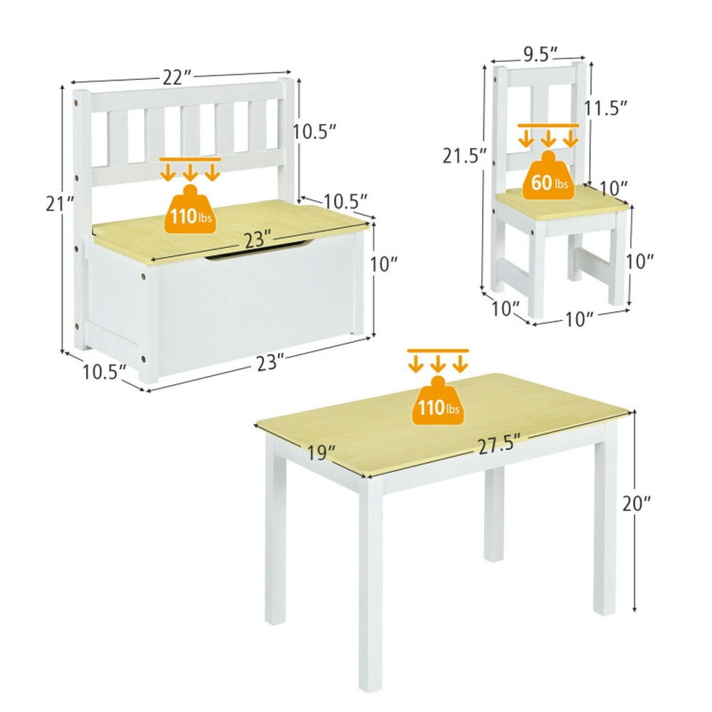Barara King Toddler Table Chairs Set,Kids Play Table Set,4 Pieces Kids Wooden Activity Table and Chairs Set with Storage Bench and Study Desk-Natural