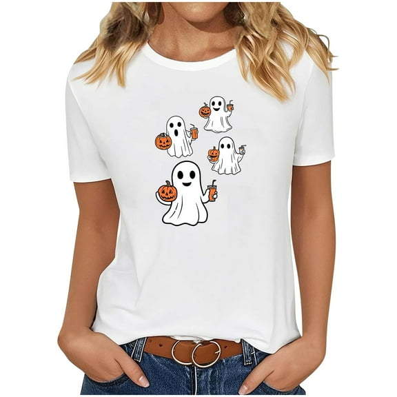 Tnhcen 2025 Women's Halloween Cute Cartoon Print Cotton T-Shirt - Loose Fit Casual Basics Plus Size S-2XL Soft Fall Festival Tops