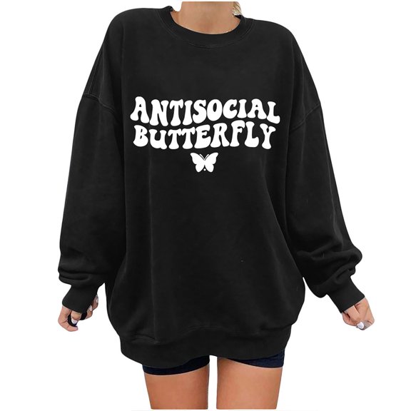 IROINNID Discount Womens Winter Clothes Pullover Hoodies Letter Print Loose Round neck Long-Sleeved Fleece Oversized Sweatshirt,Black