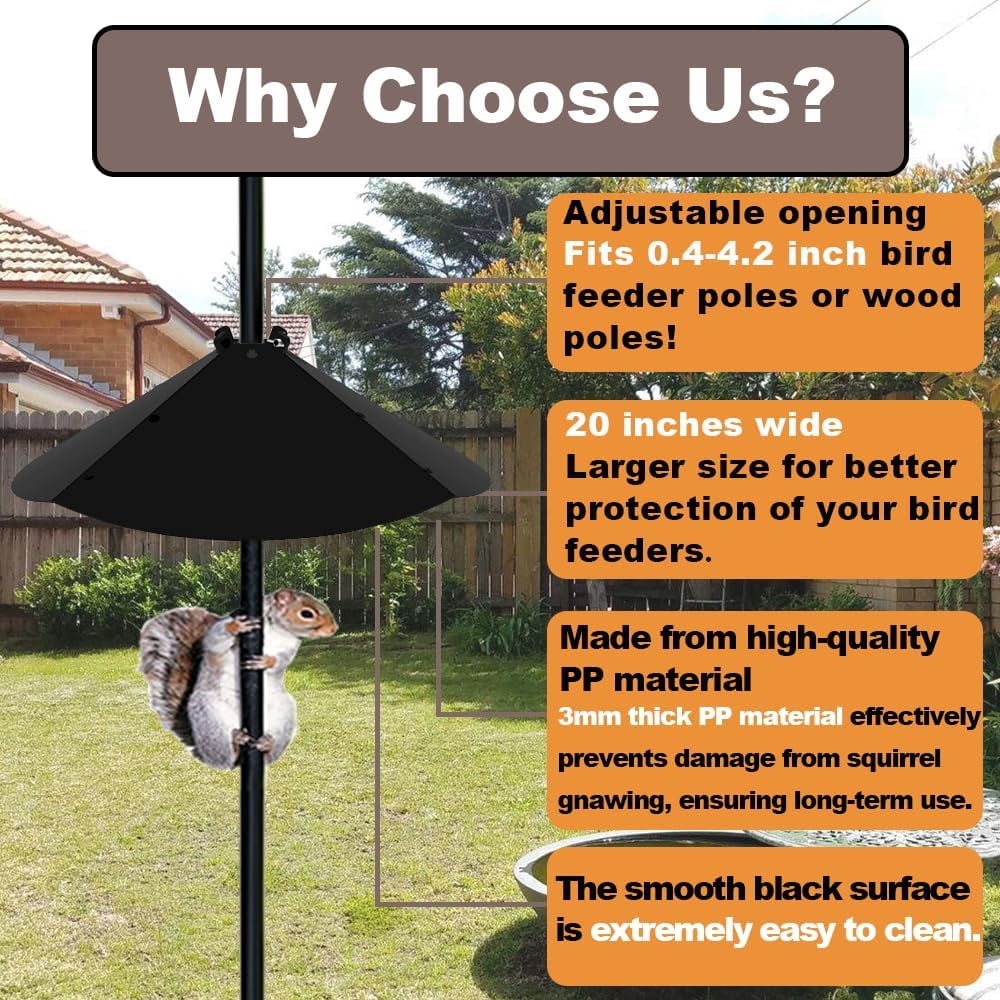 20 Inch Squirrel Baffle for Bird Feeder Pole Adjustable Opening Size Up to 4x4 Wide Wooden Post Outside Pole Mount House Guard Outdoor Shepherd’s Hook.