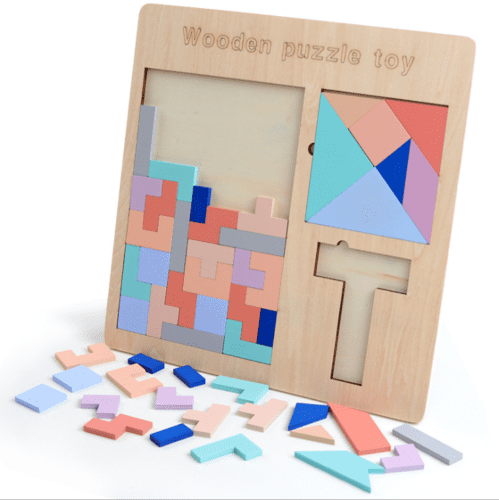 Wooden Tetris Jigsaw Puzzle Montessori Kids Educational Learning Toy Puzzle 