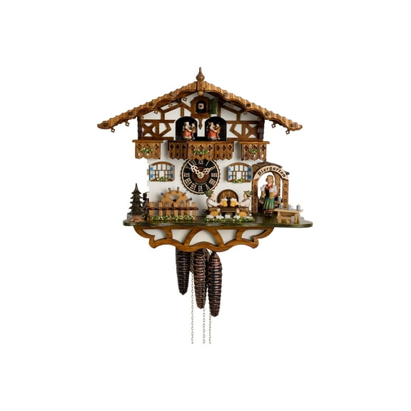 Cuckoo Clock Black Forest house with moving beer drinkers and mill wheel HO 664T Zenzi