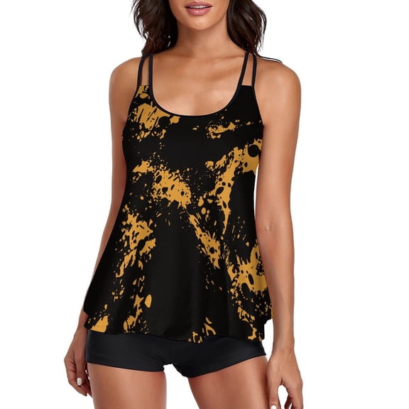 LoyisViDion Women'S Swimsuit Printed Tank Top Two Piece Bathing Suit with Shorts Swimwear Yellow XL