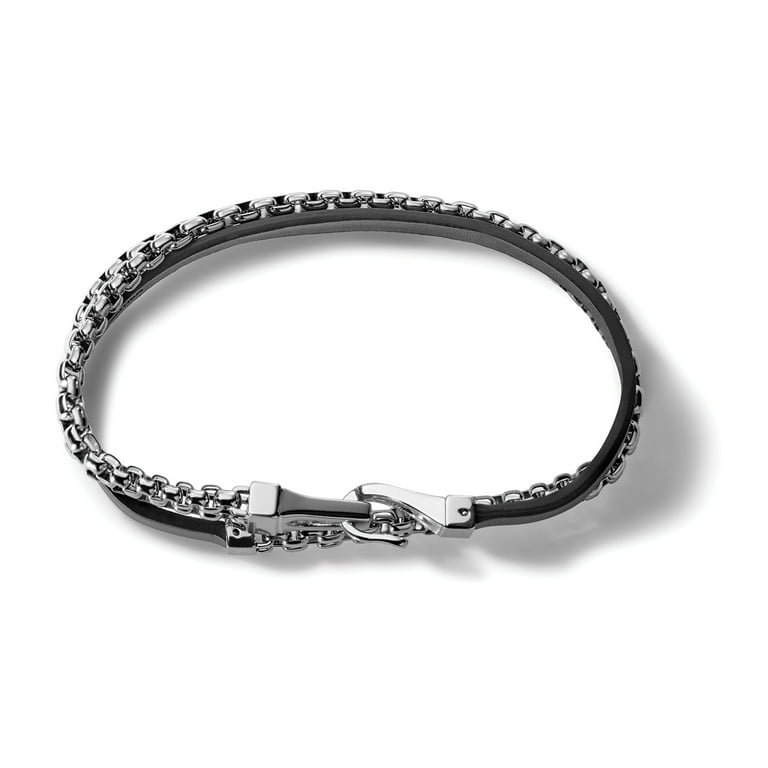 Bulova Men\'s Classic Double Chain Black Leather Wrap Bracelet in Stainless  Steel - 8.0\