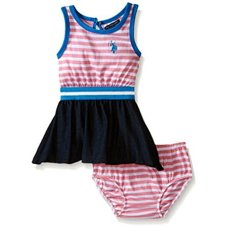 U.S. Polo Assn. Little Girls' Striped Tank and Denim Dress, Neon Pink, 6