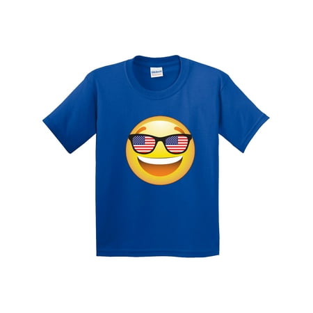 Trendy USA 474 - Youth T-Shirt Emoji Smiley Face USA American Flag Sunglasses 4th July Small Royal Blue