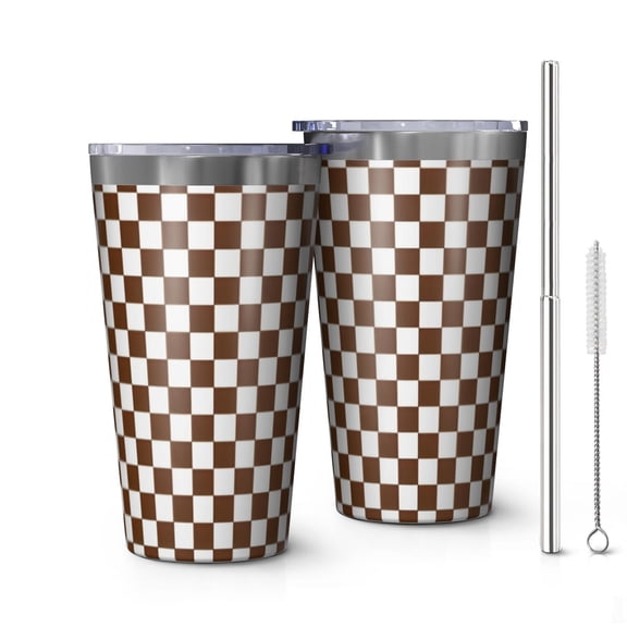 16oz Tumblers Brown and White Checkerboard Pattern Stainless Steel Vacuum Insulated Double Wall Travel Tumbler Cups Mug with Lid and Straw,Cleaning Brush for Coffee,Tea