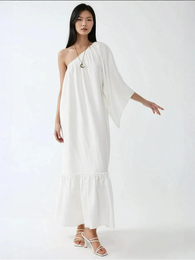 white asymmetrical off the shoulder dress Asymmetrical One Shoulder Satin Maxi Dress Beige / M main image 0